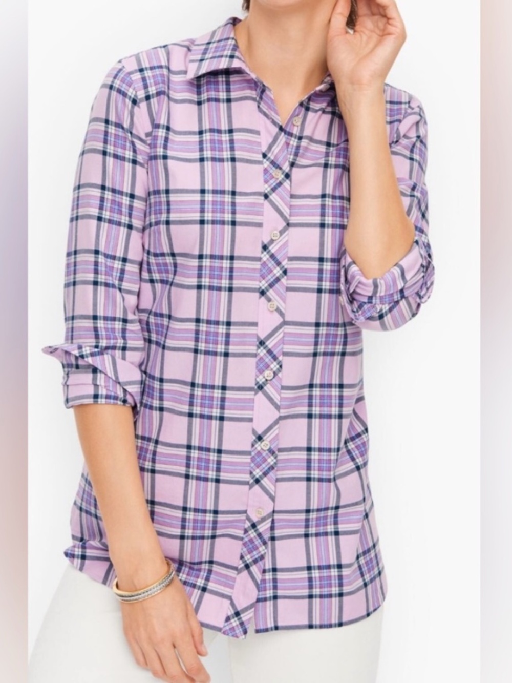 Talbots 1X Petite Lilac Purple Silver Metallic Plaid Button Down Shirt Blouse
